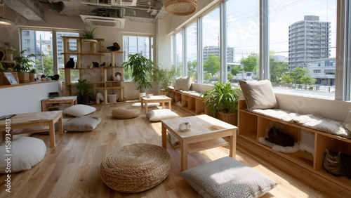An empty cat café with wooden floors, low tables, and cushions. A few cats lounge on shelves or nap in corners as soft natural light pours through large windows. Peaceful, tidy, and Japanese-inspired.