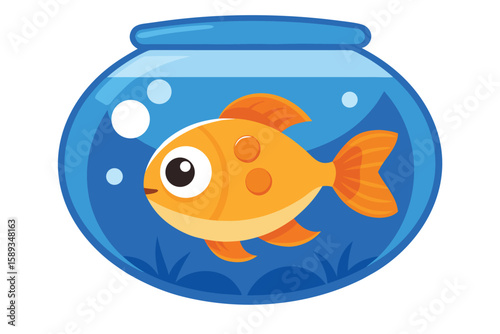 Cartoon Goldfish Swimming in a Blue Bowl with Bubbles Illustration