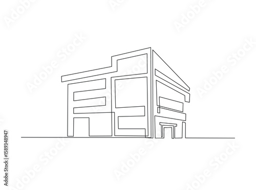 Modern building construction in single outline illustration. Continuous line art drawing of building architecture.