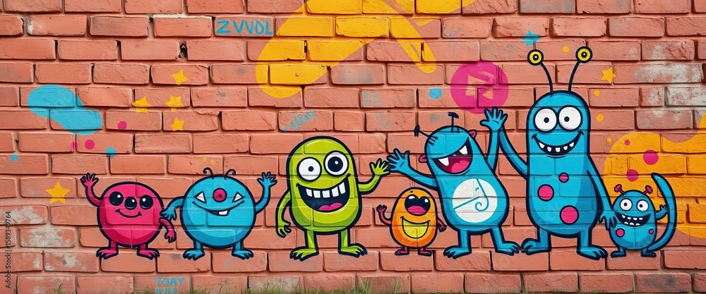 Fototapeta premium Whimsical cartoon monsters playfully painted on a vibrant brick wall, graphic, colorful background