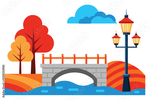 Cartoon Landscape with Stone Bridge, River, Autumn Trees, Street Lamp, and Clouds Illustration