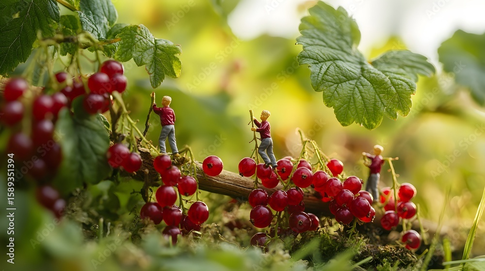 Fototapeta premium Miniature workers harvesting berries in nature