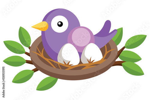 Cartoon Purple Bird in Nest with Three White Eggs on Branch with Leaves