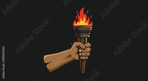 Hand holding burning torch with flame
