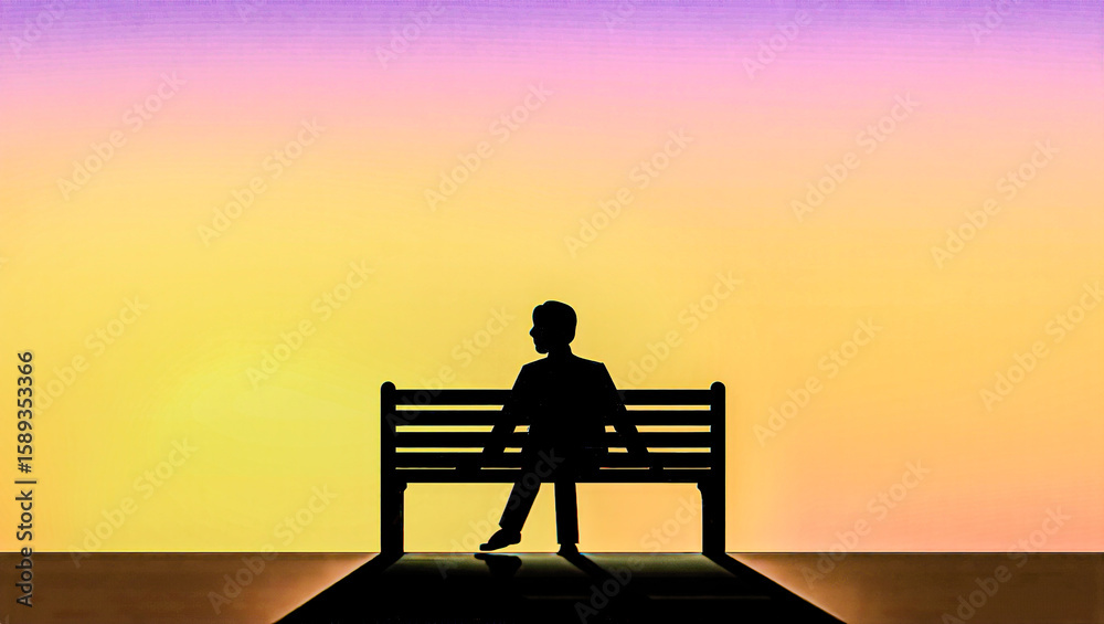 Obraz premium Minimalist silhouette of a person sitting alone on a bench at sunset, with soft pastel gradients evoking solitude and calmness.