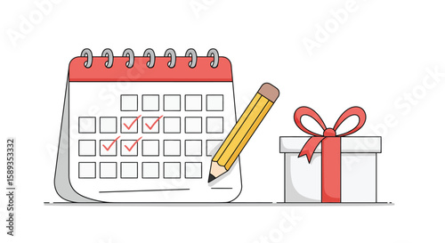 Calendar with pencil and gift box