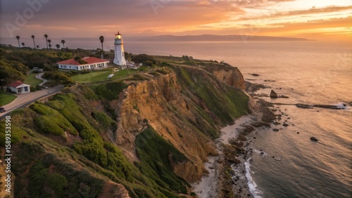 Aerial Sunset View of Point Vicente Lighthouse on Palos Verdes Cliffs, California. Coastal, Landscape Photography Aerial photography, California Coast
