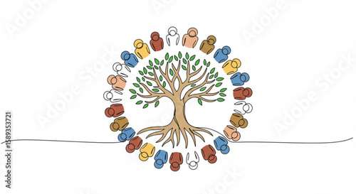 Community of diverse people holding hands around a tree concept of single line outline vector ,peace day  