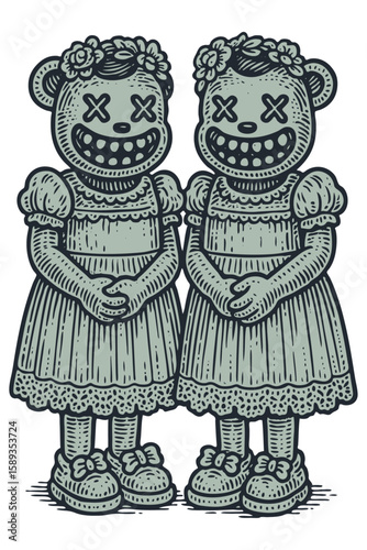 Creepy twin teddy bear characters in dresses and flower wreaths. A spooky vector illustration in a detailed, vintage woodcut or linocut style.