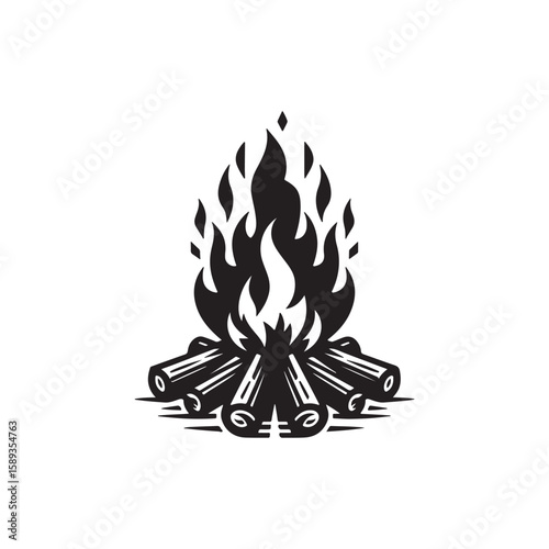 A high-contrast black silhouette vector illustration of a campfire. classic firewood setup with logs arranged in a teepee . Black vector