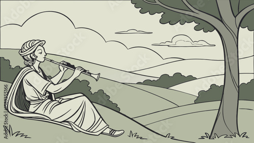 Illustration of woman playing flute in nature landscape vector art design for graphic design projects