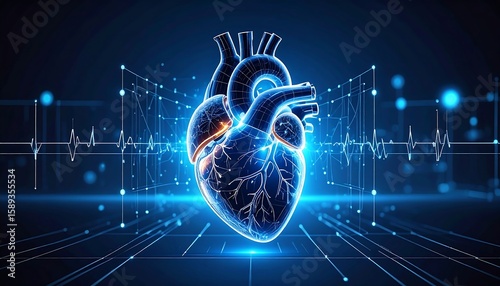 3D medical illustration of a heart with digital overlay