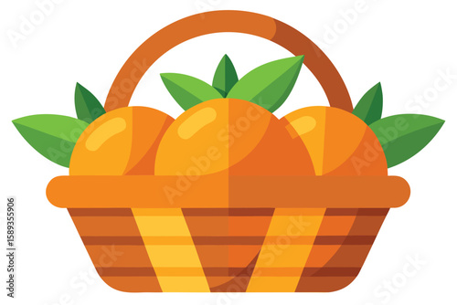 Cartoon Wicker Basket Filled with Three Oranges and Green Leaves Isolated on White