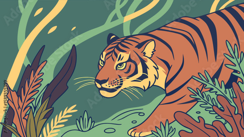 Illustration of a tiger in the jungle wildlife art print nature scene animal drawing bengal tiger design