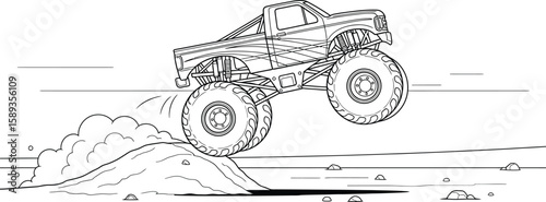 An illustration of a monster truck jumping over a dirt mound, great for coloring pages and children's activity books.
