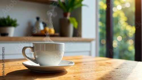 Close up of steaming cup of coffee on wooden table in blurred white modern kitchen. Home office morning productivity and lifestyle concept. 