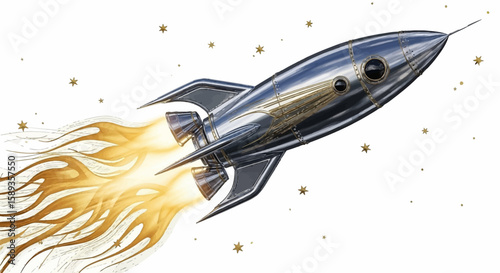 Retro Rocket Ship Taking Off with Golden Flames and Stars