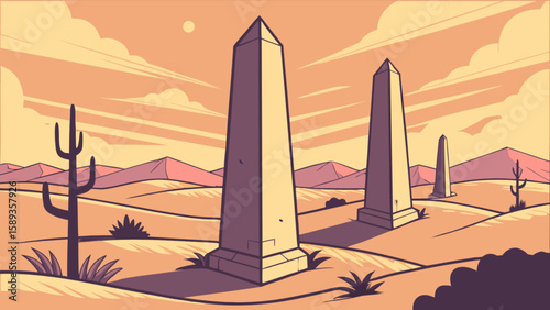Desert landscape with obelisks and cacti vector illustration stock graphic design nature scene background