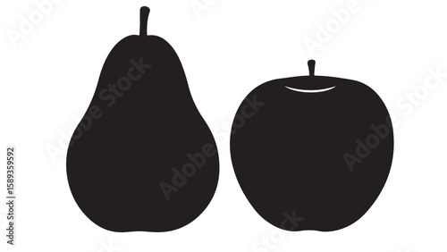 Black and white vector illustration of a pear and an apple
