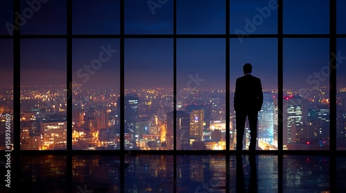 A businessman looking out over the city nightscape from a high-rise window, symbolizing success, ambition, and solitude | Businessman, Nightscape, Success, City
