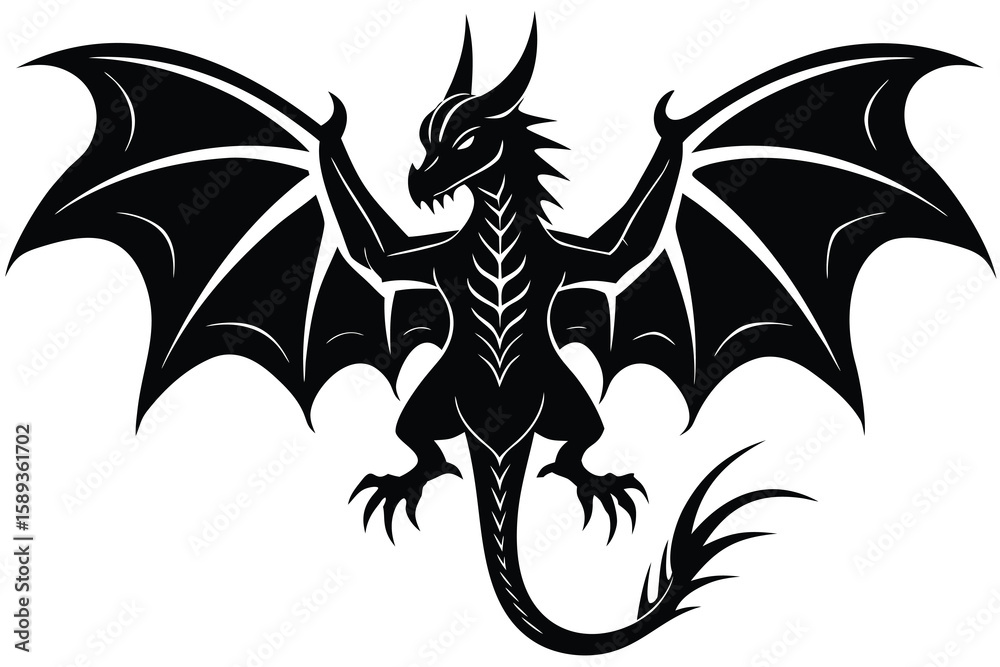 Naklejka premium Intricate Black Silhouette of a Spreading Dragon with Wings and Tail on White Background