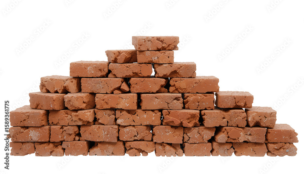 Obraz premium Stacked Antique Terracotta Bricks – Weathered Orange-Red Clay Bricks with Rough Texture and Irregularities Isolated on Transparent Background