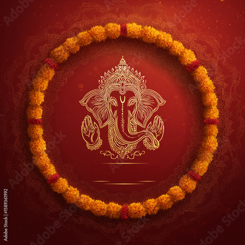 Ganesh Chaturthi Poster with Golden Lord Ganesha Illustration on Festive Background