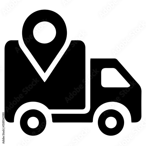 Cargo delivery. Vector black truck icon with geolocation point on the body