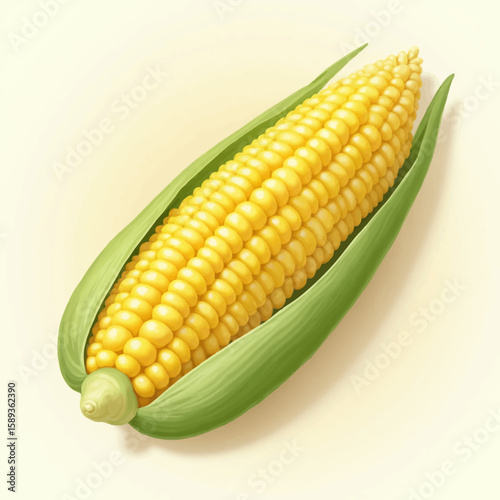 A vibrant illustration of a fresh, ripe ear of corn, with green husks.
