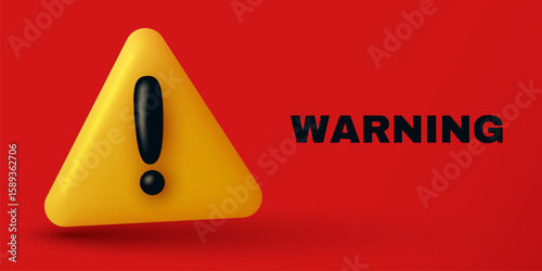 Red danger warning triangle 3d icon. Alert, caution or emergency notification. Danger hazard notification. Caution alert notice, triangle warning reminder and emergency attention.