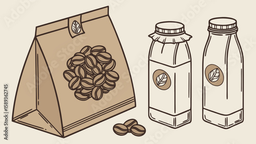 Coffee beans bag and milk bottles vector illustration for coffee shop and organic product branding design
