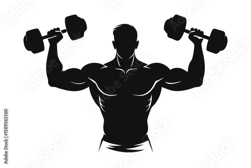 Muscular Bodybuilder Silhouette Lifting Dumbbells Above Head in Black and White Design