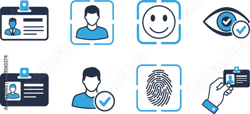 Identity verification concept displays several methods including facial recognition, fingerprint scan and ID cards, a modern blue design.