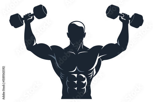 Muscular Man Silhouette Lifting Dumbbells Overhead Fitness, Strength, and Bodybuilding Illustration with Defined Abs