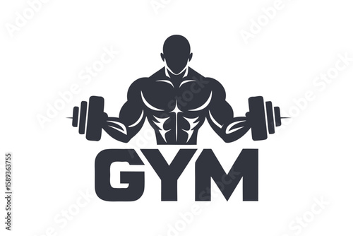 Muscular Silhouette Holding Barbells Above Gym Text, Fitness Center Branding, Bodybuilding and Workout Design