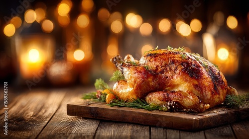 Golden roast baked turkey for thanksgiving and christmas dinner cozy setting culinary delight