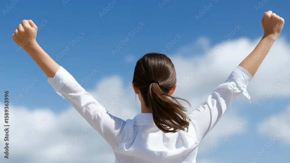 Businesswoman raises both fists victoriously toward an open blue sky. Concept of personal achievement and motivational success. Businesswoman raises both fists victoriously toward an open blue sky. Concept of personal achievement and motivational success.