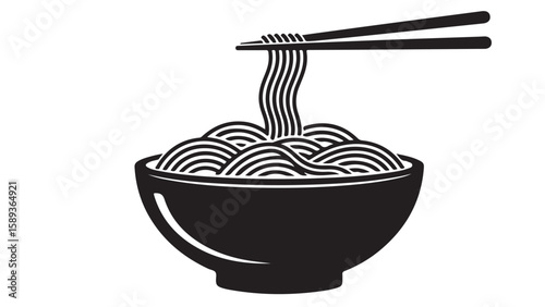 Black and white illustration of a bowl of noodles with chopsticks.