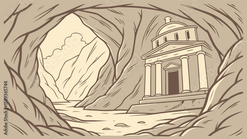 Illustration of cave temple landscape background with mountains and water scenery for adventure game art