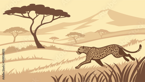 Leopard running in the african savanna landscape vector illustration wildlife animal nature safari scene art