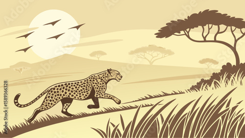 Leopard running in african savanna landscape vector illustration background for wildlife designs