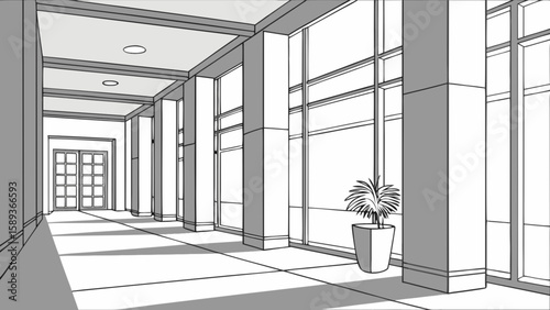 Interior design of a modern office hallway with large windows and potted plant illustration style