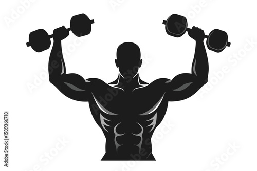 Silhouette of Muscular Man Lifting Dumbbells Overhead, Bodybuilder with Defined Abs, Isolated on White