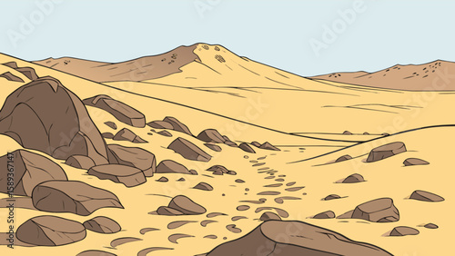 Illustration desert landscape with rocks and sand dunes background for travel and nature scenery design
