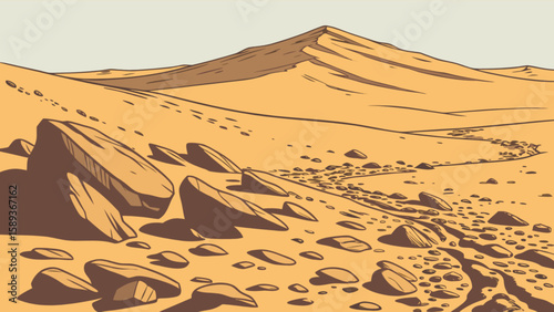 Explore desert landscape with sand dunes, rocks, and trail vector illustration for travel and adventure themes