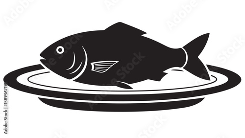 Black fish on a plate, vector illustration