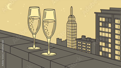 Champagne toast new york city skyline celebration party rooftop bar drink cityscape night out romantic getaway