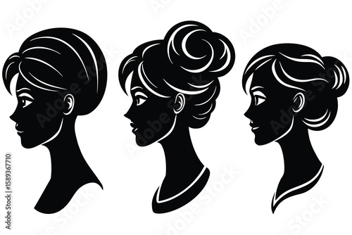 Three Black and White Female Silhouettes with Different Hair Styles, Side Profile Portraits