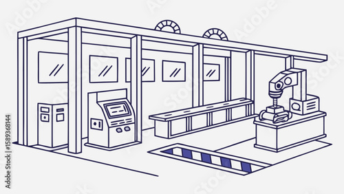 Automated manufacturing factory line with robotic arm machine and control panel for industrial production