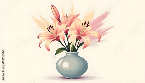 Stylized illustration of lilies in a glossy vase, where the petals transform into sweeping pastel brushstrokes.